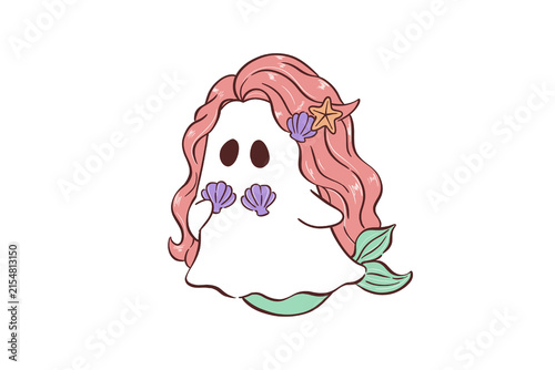 Quadro su tela Cute Pastel Mermaid Ghost Princess with Seashell and Pink Hair Art Character Sub