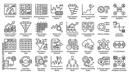 Business Intelligence KPI Dashboard Data Analytics and ETL Pipeline Line Icon Set
