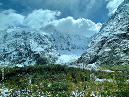 Rugged Snowy Mountains in Fiordland, New Zealand