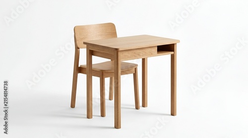 Wooden dining table with two matching chairs in bright setting