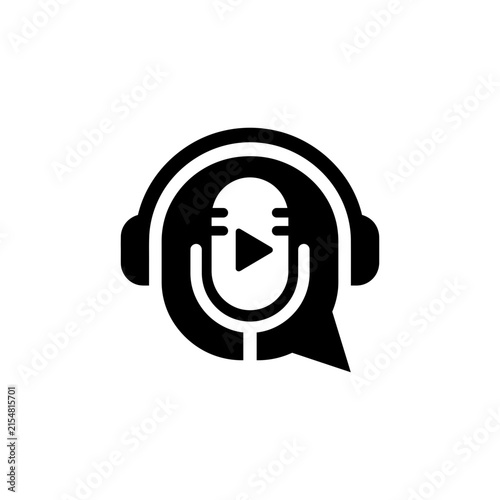 Minimalist podcast logo icon with microphone, headphones and play button symbol
