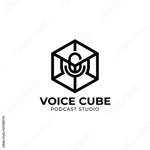 Minimalist Podcast Studio Logo Design Featuring A Geometric Cube And Microphone Icon