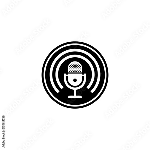 Minimalist podcast microphone logo icon with radio waves for broadcasting and audio media.