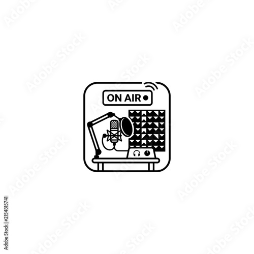 Podcast studio icon with microphone and on air sign for broadcasting and audio recording.