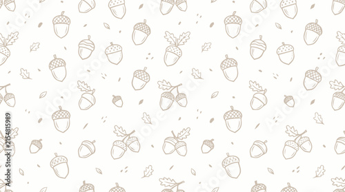 Seamless pattern with hand drawn acorns and oak leaves on white background Vector