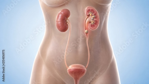Kidney stones shown inside semi-transparent human torso with renal calculi and obstructing proximal ureter stone in premium clinical CGI.