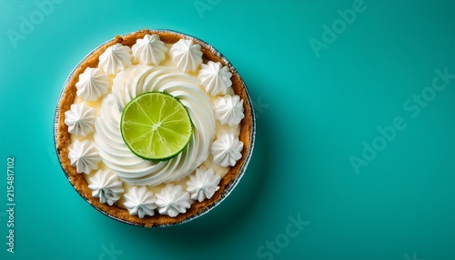 key lime pie with whipped cream and lime slice isolated against turuoise background copy space