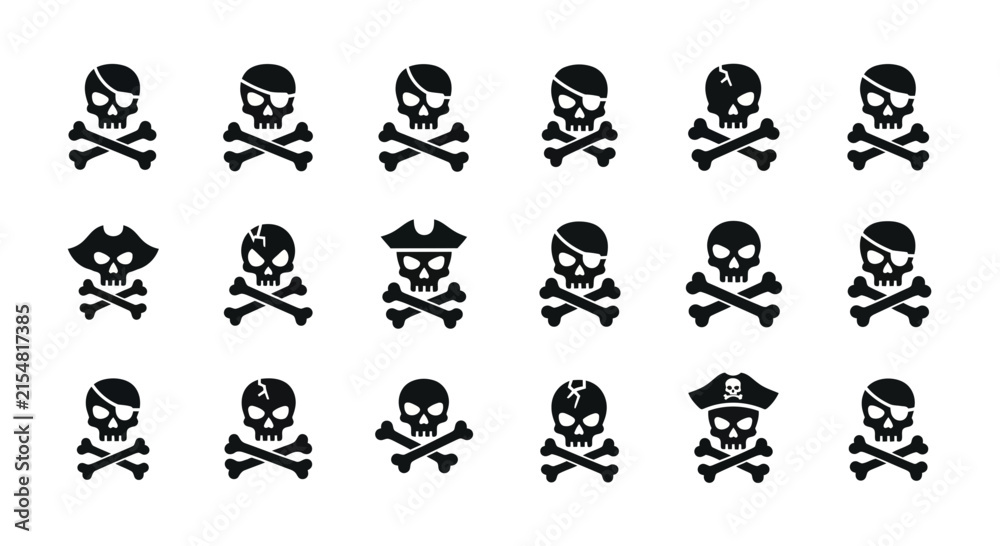 Fototapeta premium Pirate skull and crossbones icons, set of 18 black vector jolly roger symbols, nautical danger and poison warning signs for gaming