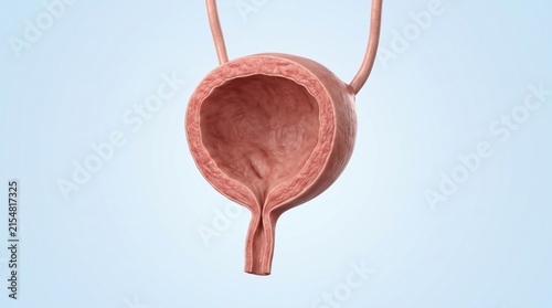 Bladder outlet obstruction shown in premium clinical CGI with distended bladder, thick muscular wall and narrowed urinary outlet on clean background.
