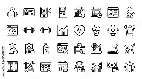 Fitness Gym Club Management Workout Analytics and Exercise Line Icon Set