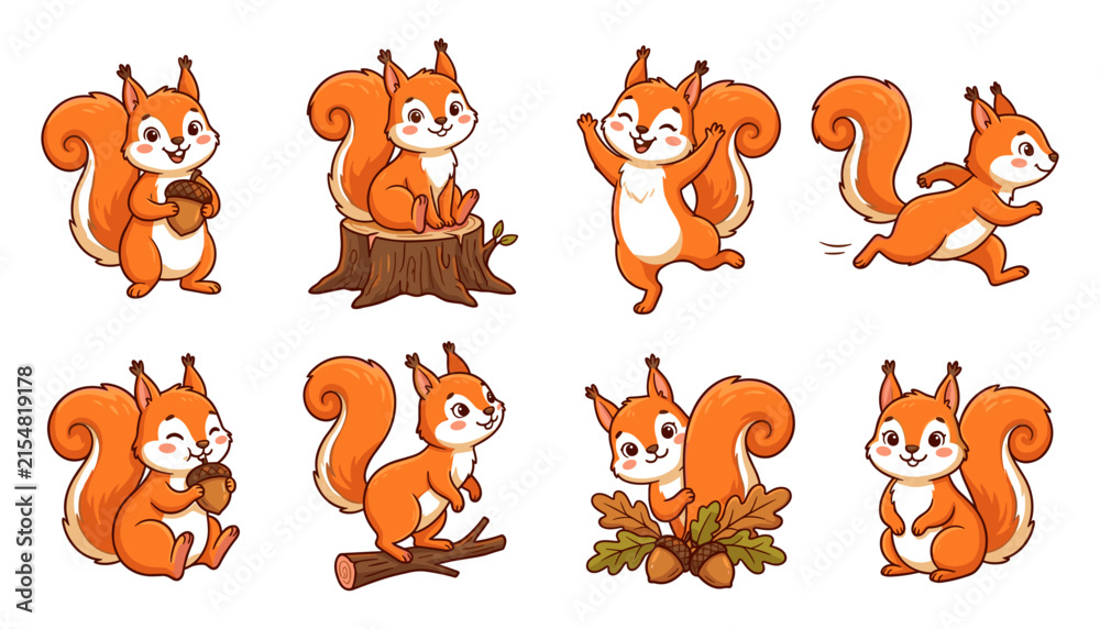 Obraz premium Cute Cartoon Red Squirrel Character Set in Various Poses Including Holding Acorn Running and Sitting on Tree Stump Vector Illustration