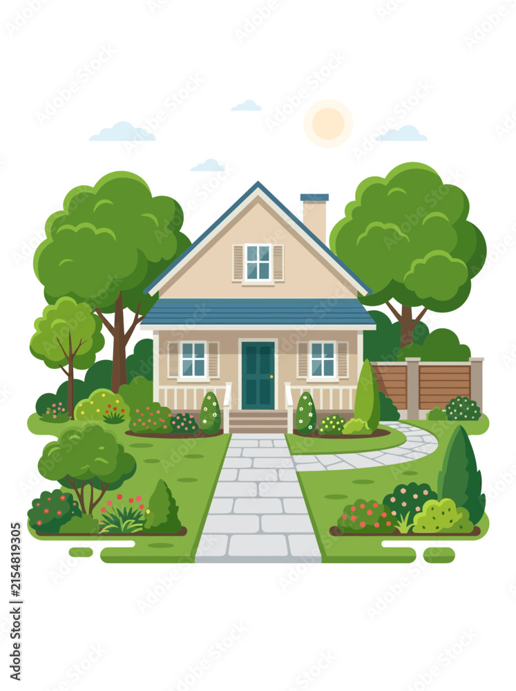 Naklejka premium Flat vector illustration of a cozy suburban house with a front garden, stone walkway, lush green trees, blooming flowers, and a blue gabled roof under a bright sunny sky.