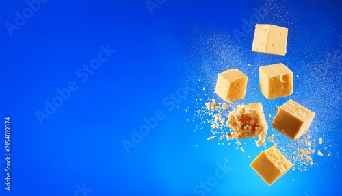 falling cubes of cheese with crumbs on blue background with copy space