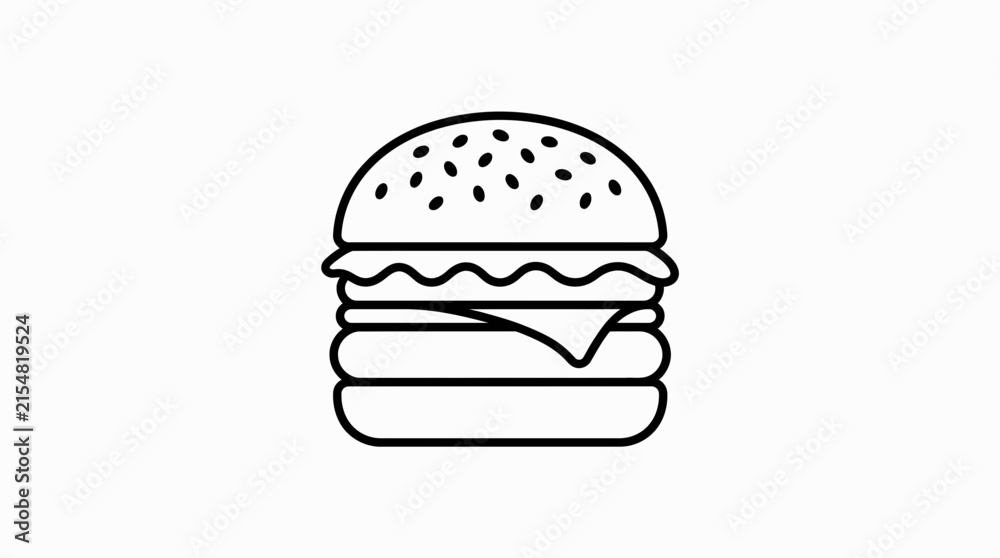 Fototapeta premium Hamburger outline drawing presented as a simple black and white vector icon on a plain surface.