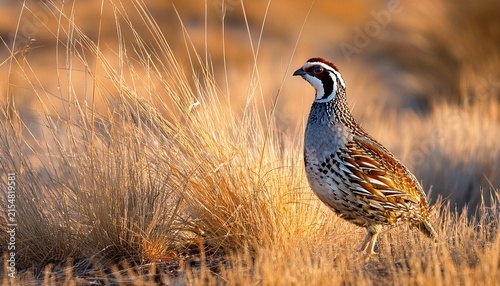 a speckled quail stands alert amidst dry golden grasses