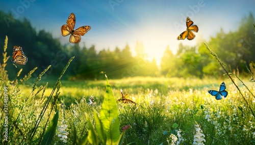 summer forest glade with flowering grass and butterflies on a sunny day