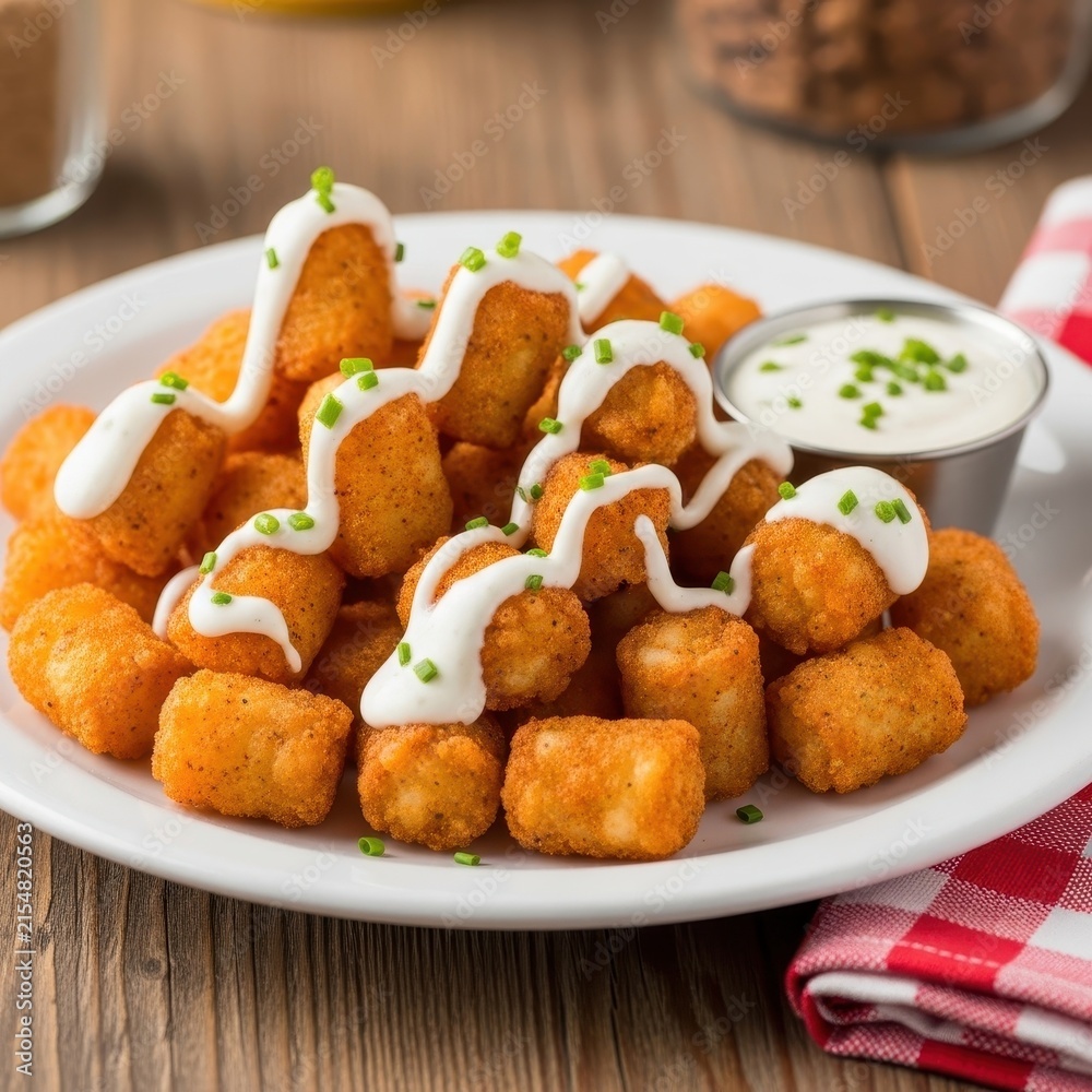 Fototapeta premium Crispy golden tater tots with creamy white sauce on plate.