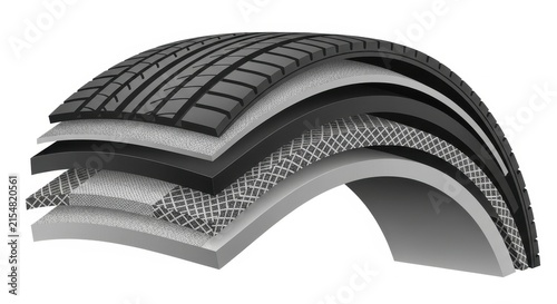 Cross section of a modern car tire with layers exposed.