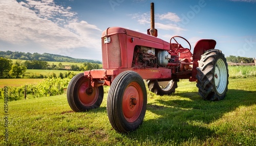 an old red farm tractor sits on a grassy patch