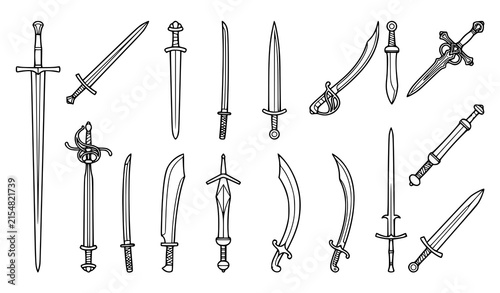 Принти на полотні Sword outline icons in different views medieval saber and blade line art vector