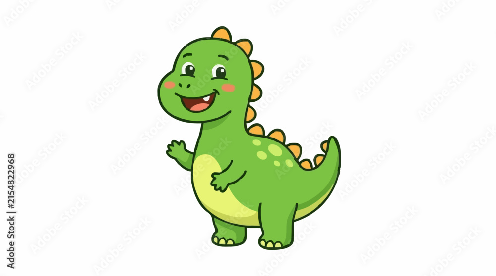 Obraz premium Cute green dinosaur with friendly smile, cartoon dino character, flat vector illustration, clean bold outlines, child-friendly design, isolated on white background.
