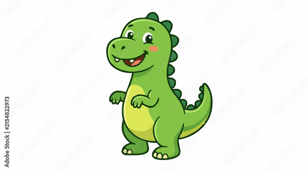Obraz premium Cute green dinosaur with friendly smile, cartoon dino character, flat vector illustration, clean bold outlines, child-friendly design, isolated on white background.