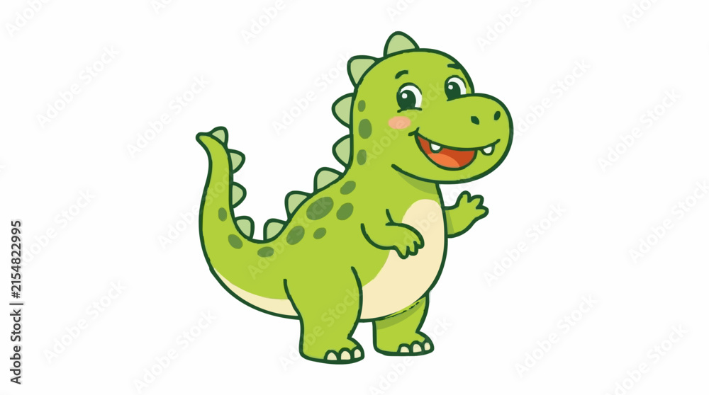 Fototapeta premium Cute green dinosaur with friendly smile, cartoon dino character, flat vector illustration, clean bold outlines, child-friendly design, isolated on white background.