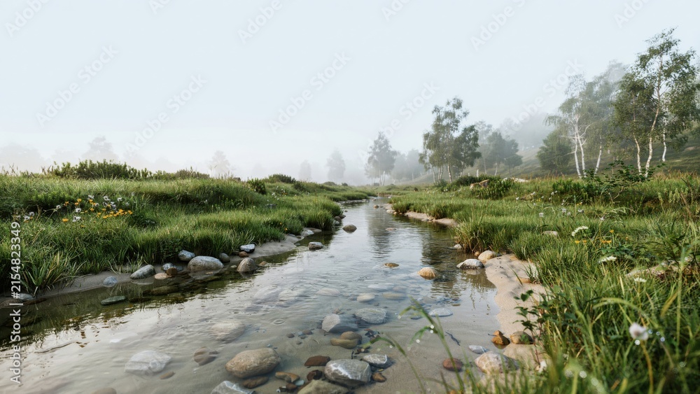 Fototapeta premium A winding stream flows through a lush green meadow with scattered rocks and misty trees in the background, during a soft, morning light landscape