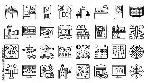Smart Airport Operations Aviation Services and Ground Handling Line Icon Set