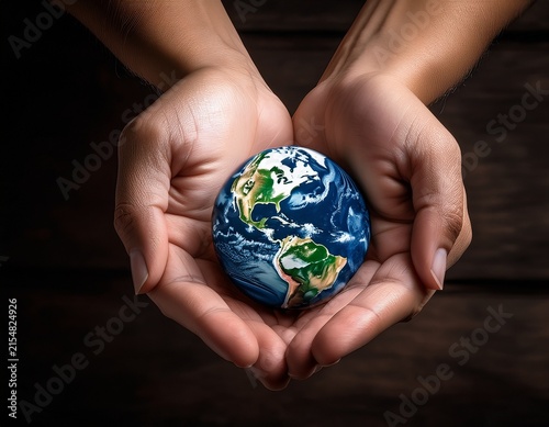 minimalist image featuring hands delicately cradling a miniature earth