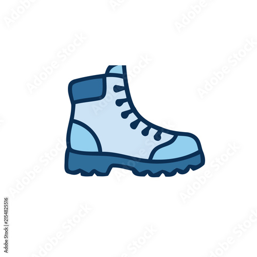 Blue and white hiking boot standing on flat surface