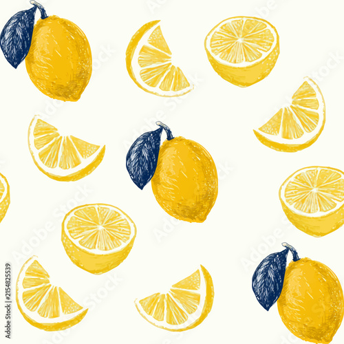Mediterranean style seamless vector pattern with hand drawn lemons