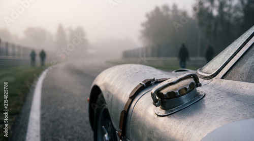 Classic silver sports car on foggy race track with raindrops