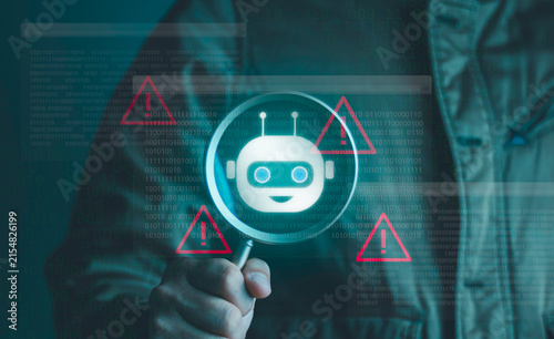 Konstfotografi AI cybersecurity concept with digital search and intrusion alerts, representing online threats, data theft, malware, system vulnerabilities, network security, cyber attacks and information protection