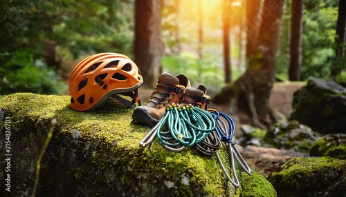 climbing gear rests on mossy rock in forest