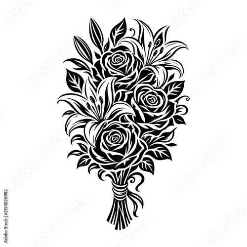 Elegant Hand-Drawn Rose Bouquet with Ornamental Flowers and Leaves Black and White Floral Vector Illustration