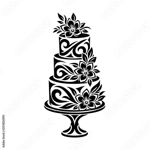 Elegant Three-Tier Wedding Cake with Floral and Swirl Ornament Decoration Black and White Vector Illustration