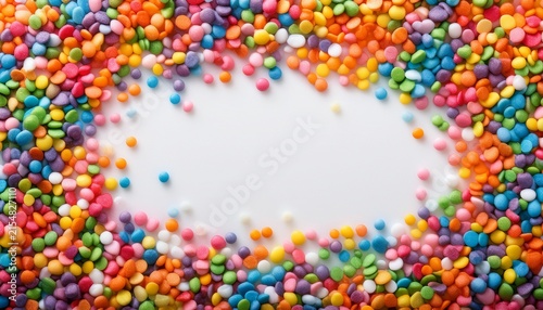 colorful candy sprinkles frame a white background