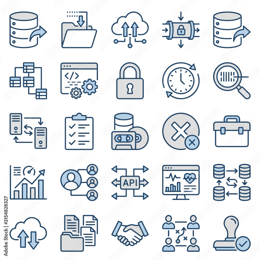 Fototapeta premium Database administration icons illustrating server backup, API integration, data sync, and security protocols.