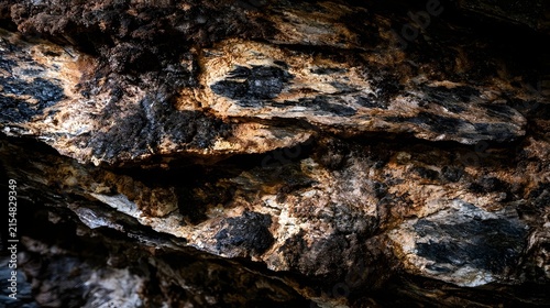 Richly textured mineral formations cover a rugged cave wall under soft ambient lighting  showcasing natural earth tones and layered geological