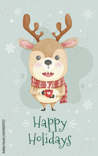 Cute Christmas Deer with Hot Cocoa Happy Holidays Greeting Card