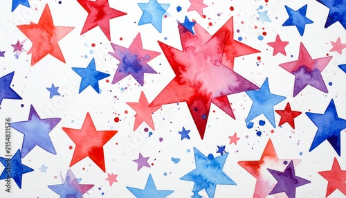 Colorful Watercolor Stars Pattern Background with Red, Purple, and Blue Painted Stars