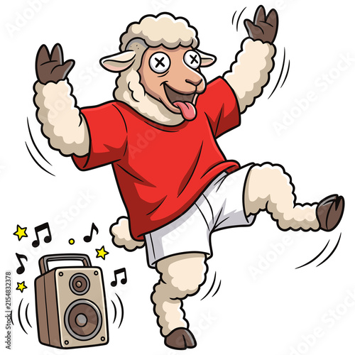 Funny cartoon sheep dancing with music boombox, vector illustration
