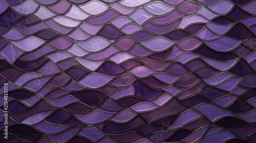 Abstract purple glass mosaic pattern with flowing wave shapes and dark grout lines
