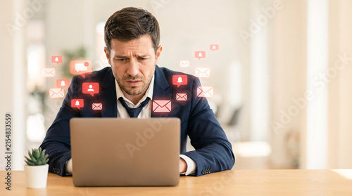 Man stressed by overflowing email inbox and social media notifications, overwhelming digital communication, information overload, working late at desk with laptop