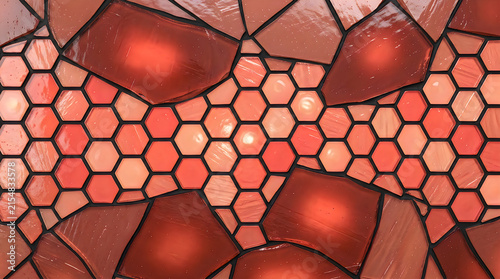 Abstract stained glass pattern with warm orange and red tones and hexagonal shapes