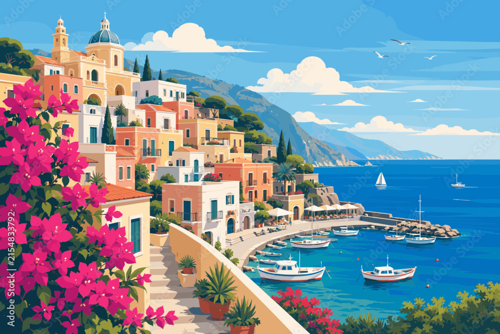 Fototapeta premium Mediterranean Coastal Village Illustration - Colorful Houses and Harbor