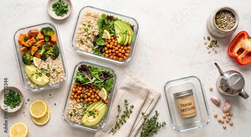 Overhead view of healthy meal prep containers filled with quinoa broccoli sweet potatoes avocado and chickpeas alongside tahini dressing and fresh herbs