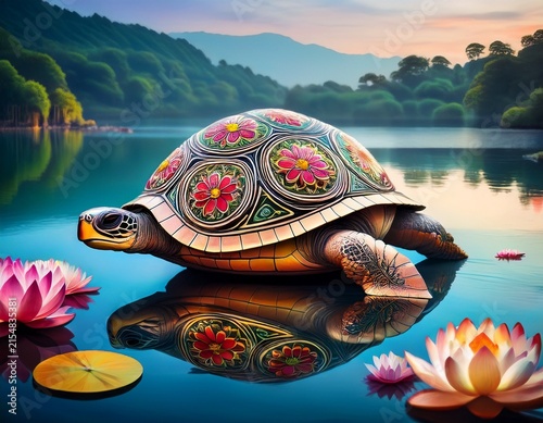 serene and wise turtle body decorated with lotuses in a traditional madhubani bharni style by a calm lake