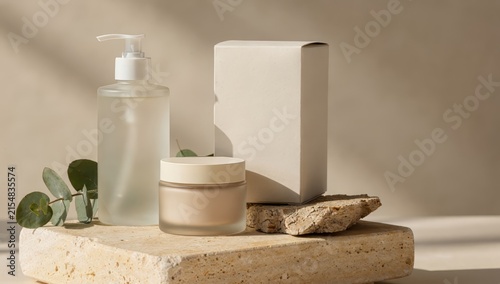 Skincare product arrangement with frosted bottle and cream jar on stone pedestal beside a box and eucalyptus leaves